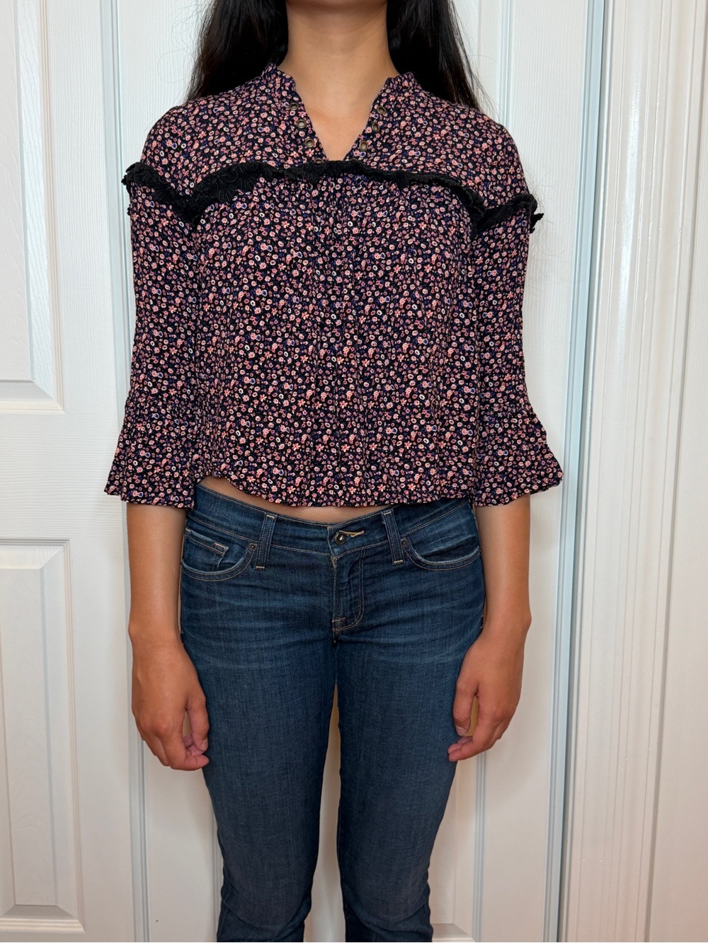 Forever 21 Black Blouse with Pink Floral Print and Ruffle Trim